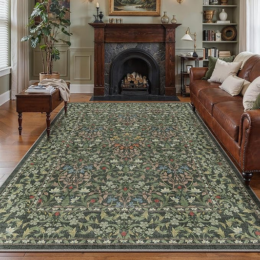 GENIMO 6x9 Washable Area Rug, Non-Slip Vintage Boho Floral Carpet, Soft Low-Pile Thin Living Room Rug for Bedroom, Dining Room, Nursery, Emerald Green