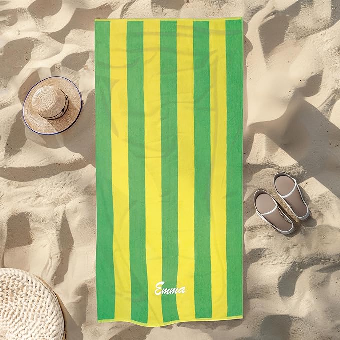 Kaufman - Personalized Velour Beach and Pool Towel 100% Cotton 30in X 60in Solid Color Bath Towel Embroidered (Green/Yellow)