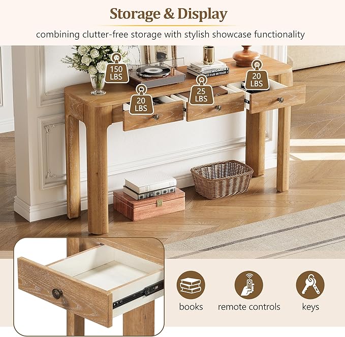 52“ Rustic Console Table with Curved Corners for Safety, Entryway Table with 3 Concealed Drawers, Sturdy Sofa Table with Thick Legs for Hallway & Living Room(Natural)