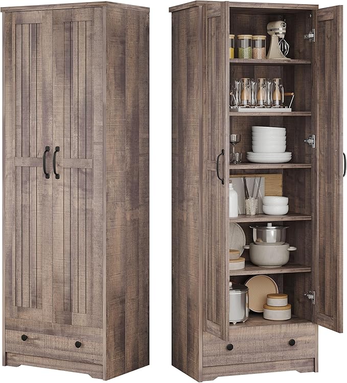 70" Tall Storage Cabinets, Large Wood Storage Pantry Cabinet with 6 Adjustable Shelves, 2 Striped Doors & Drawer, Standing Utility Cabinet for Kitchen, Bathroom, Dining Room, Antique (Brown)