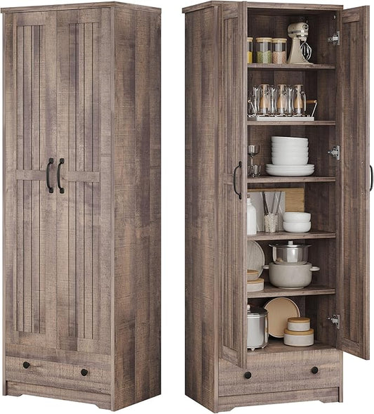 70" Tall Storage Cabinets, Large Wood Storage Pantry Cabinet with 6 Adjustable Shelves, 2 Striped Doors & Drawer, Standing Utility Cabinet for Kitchen, Bathroom, Dining Room, Antique (Brown)
