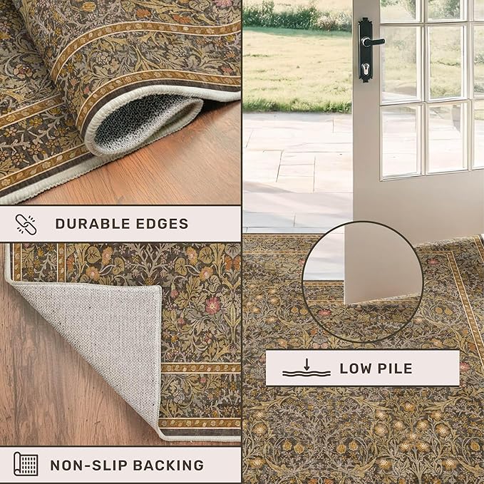 Washable 9x12 Living Room Rug - Gold Brown Floral Area Rug for Dining Room Under Table, Low Pile Non-Slip Floor Carpet for Bedroom Under Bed - Vintage Taupe Design & Stain Resistance