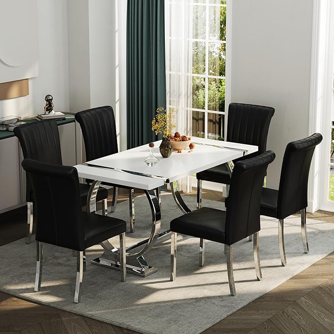 ACEDÉCOR 60in White and Silver Dining Table for 4-6, Modern Luxury Kitchen Room Table with Rectangular Lacquer Top and Silver Stainless Steel Circle Base