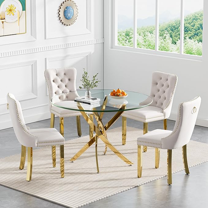 Goujxcy 5 Piece Round Glass Dining Table Set for 4, 36" Round Dining Table & Chair Set Modern Circle Glass Kitchen Table and 4 Velvet Upholstered Chairs for Kitchen Dining (Gold Table & Beige Chair)