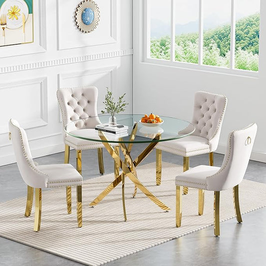 Goujxcy 5 Piece Round Glass Dining Table Set for 4, 36" Round Dining Table & Chair Set Modern Circle Glass Kitchen Table and 4 Velvet Upholstered Chairs for Kitchen Dining (Gold Table & Beige Chair)