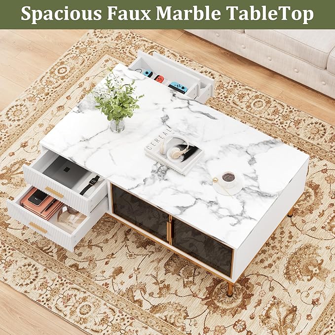 Modern White Coffee Table with Gold Metal Legs for Living Room - Large Center Table with 2 Glass Door Storage & 4 Drawers, Sintered Stone Table Top for Reception Room White