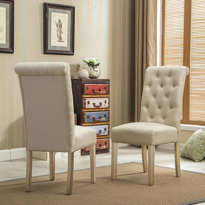 Roundhill Furniture Habit Solid Wood Tufted Parsons Dining Chair (Set of 2), Tan