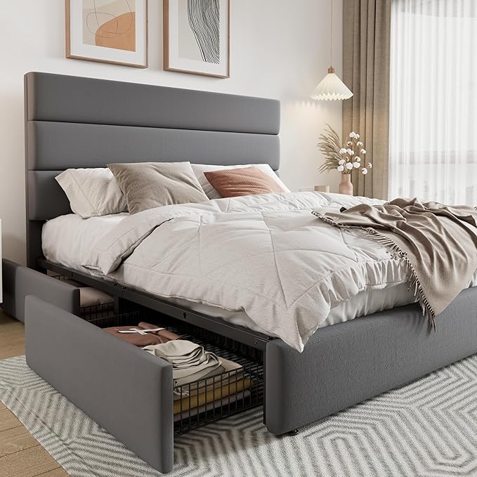 Allewie Modern Full Size Platform Bed Frame with 4 Storage Drawers and Velvet Upholstered Headboard, Wooden Slats Support, Upholstered Mattress Foundation/No Box Spring Needed/Easy Assembly, Grey