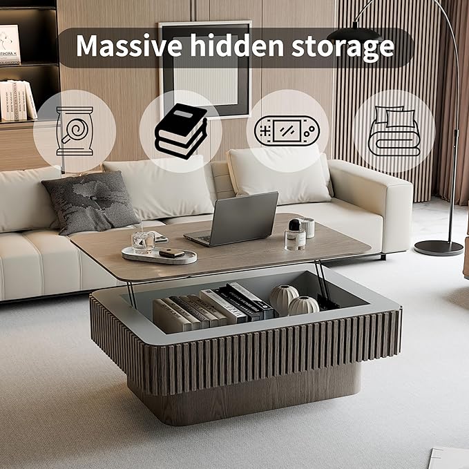 38.6" Lift Top Coffee Table with Storage, Fluted Coffee Table with Solid Wood Veneered, Mid Century Modern Wooden Center Table, Accent Tea Table for Living Room Apartment, Grey