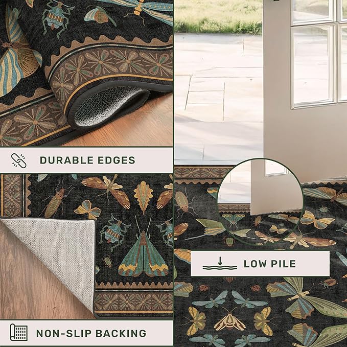 Dark Black Boho 2x10 Rug Runners for Hallways, Washable Non Slip Long Runner Rug for Kitchen, Entryway, Low Pile & Soft Stain Resistant Vintage Home Décor