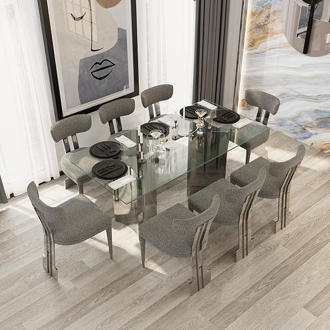 Asday Glass Dining Table, 70 inch Rectangular Dining Room Table, Double Pedestal Dining Table with Clear Tempered Glass Top and Mirrored Silver Trestle Base