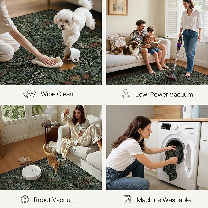 GENIMO Floral Washable Runner Rug 2’6”x12’, Non-Slip Long Hallway Carpet for Entryway, Kitchen, Indoor Floor Use, Vintage Boho Soft Thin Rug Décor, Dark Green