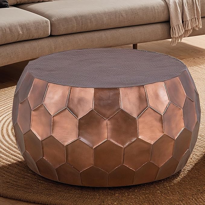 Modern Contemporary Round Aluminum Material 32" Coffee Table and 21" Height End 2PC Table Set with Glossy Diamond-Patterned Base Antique Copper
