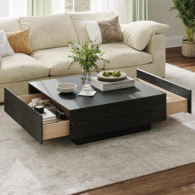 POVISON Modern Square Coffee Table with Drawers, 35.43" Wood Coffee Table for Living Room Home Office, Fully-Assembled Black