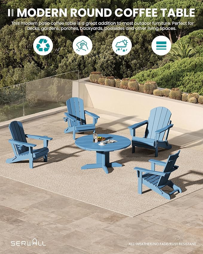 SERWALL 36'' Round Outdoor Coffee Table - HDPE Weatherproof Patio Table for Balcony, Garden, Backyard (Blue)