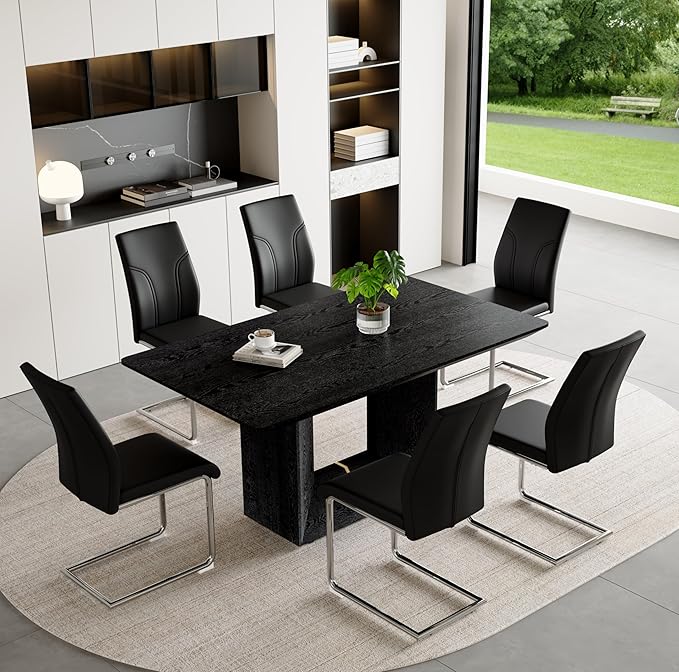 63" Modern Black Dining Table Set for 6 with Chairs, 7 Piece Rectangular Dining Room Table and 6 PU Leather Chairs, Kitchen Dining Set with Matte Wood Finish, Geometric Base, Easy Assembly