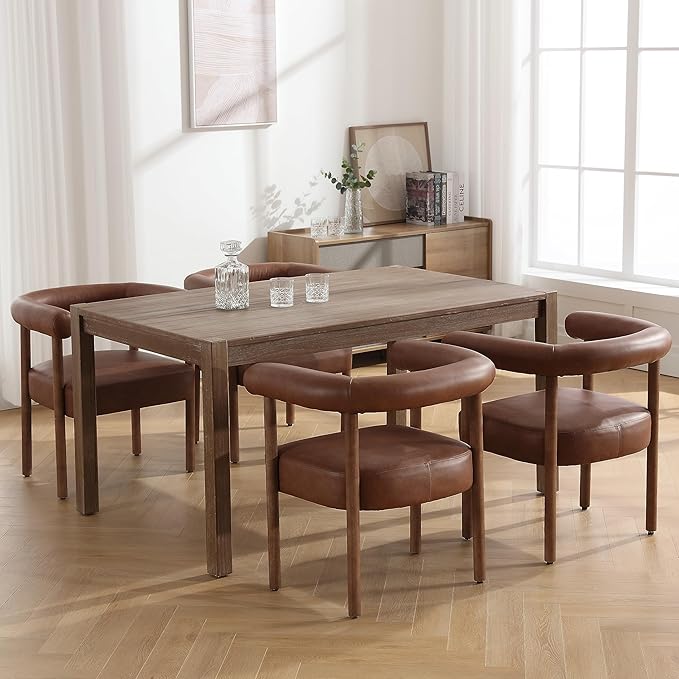 PU Leather Dining Chairs Set of 6, Modern Upholstered Dining Chairs, Curved Backrest Kitchen Dining Room Chairs Accent Chairs Arm Chairs with Natural Wood Legs, Brown