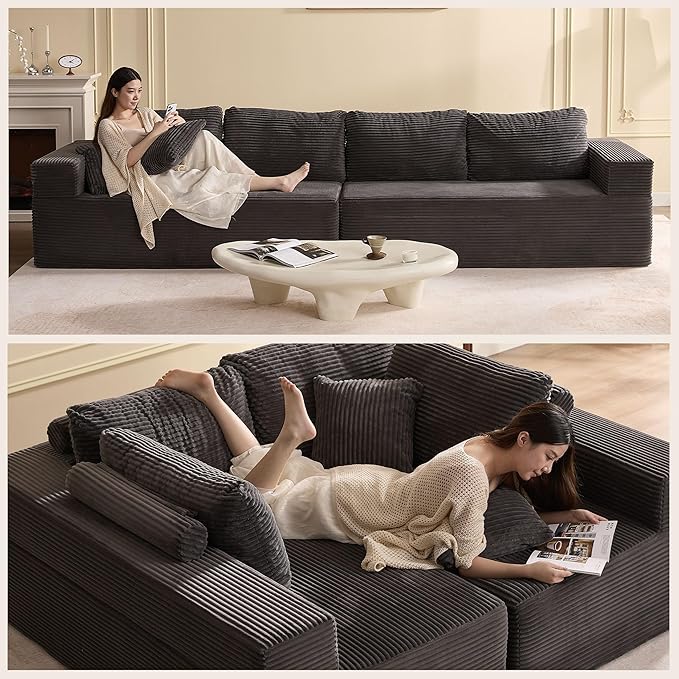 138" Modular Sofa Memory Foam Sectional Couches for Living Room, Sleeper Sofa Bed, Corduroy, Grey