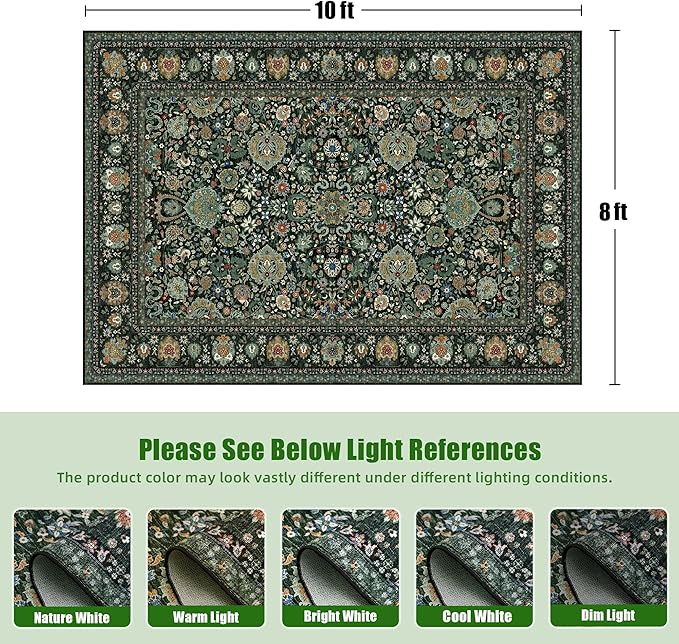 8x10 Vintage Rugs for Living Room, Washable Non Slip Large Area Rug for Bedroom Dining Room Office, Floor Decoration Big Carpet Low-Pile Kid & Pet Friendly Forest Green