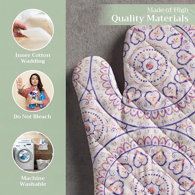 Maison d' Hermine Oven Gloves 100% Cotton Oven Mitt 7" x 13" with Loop Heat Resistant, BBQ, Cooking Gloves, Baking, Grilling, Kitchen, Handling Hot Pans Spring/Summer (Pack of 1, Mandala)