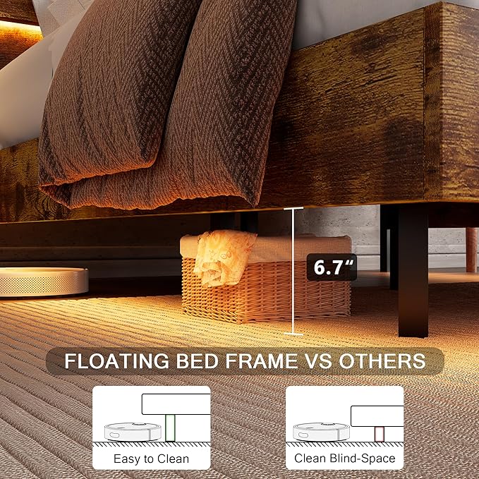 Floating Bed Frame King Size with Led Headboard and Charging Station, Metal Platform Bed Base with Storage, Remote Control, Heavy Slats Support, No Box Spring Needed, Noise Free, Vintage Brown