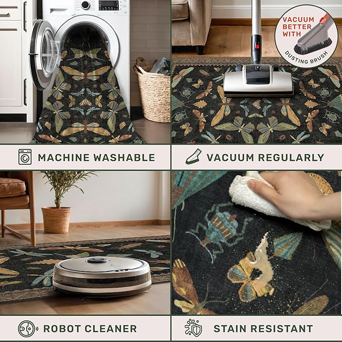 Small Black Entryway Rug - 2x3 Front Door Rug Indoor Entrance, Small Carpet for Kitchen Floor, Bathroom, Powder Room, Washable Low Pile Non Slip, Insect Print Home Décor