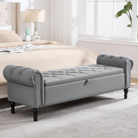 67 Inch Storage Bench for Bedroom, Linen End of Bed Bench, King Size Bench with Rolled Arms, Upholstered Tufted Button Storage Ottoman, Living Room, Entryway, Light Grey