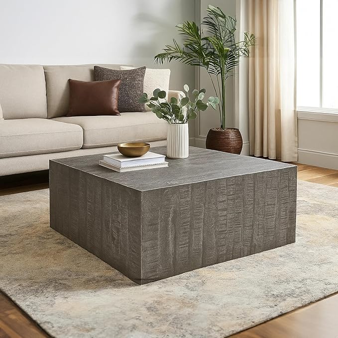 TUP THE URBAN PORT Rydan Coffee Table | 33 Inch Square Block Top | Sandblasted Gray Mango Wood
