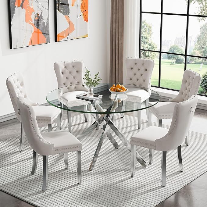 47.24" Round Glass Dining Room Table for 6 with Tempered Glass Top and Silver Metal Legs, Modern Clear Kitchen and Dinner Table for Home Office Dining Room