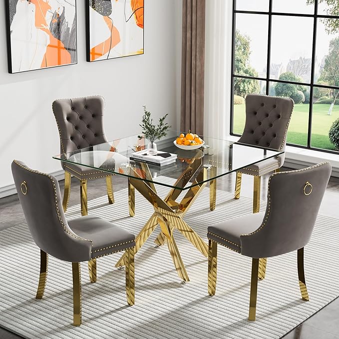 Henf 36'' Tempered Glass Dining Table for 2-4 People, Square Kitchen Table with Gold X-Base Metal Legs, Adjustable Feet, Glass Desk for Small Space, Gold Square Dining Room Table for 4