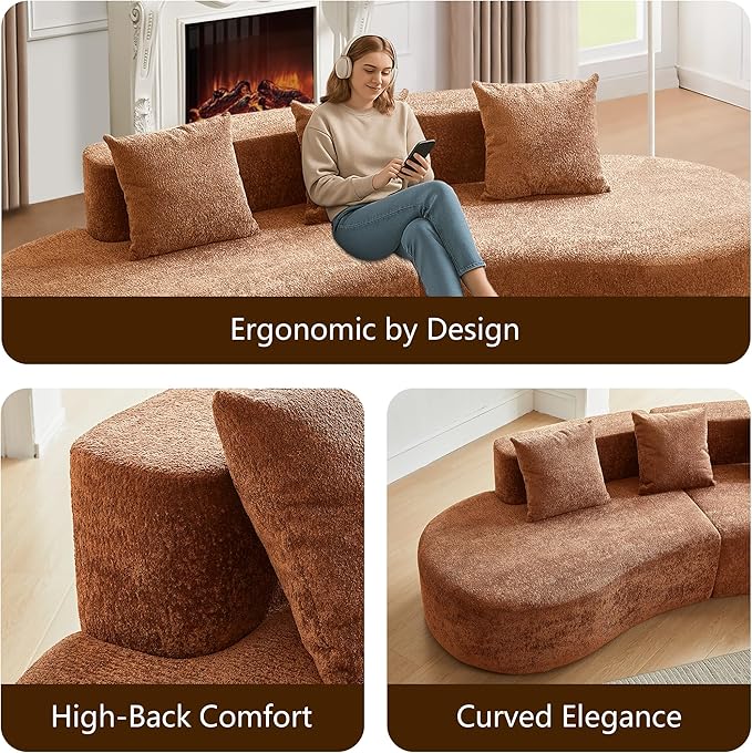 109'' Curved Couch, Mid Century Modern Half Moon Sofa, Luxury 3-Seat Couch with High-Density Foam Filled, Raindrop Velvet Fabric Sectional Sofa for Living Room, Apartment, Office, Orange