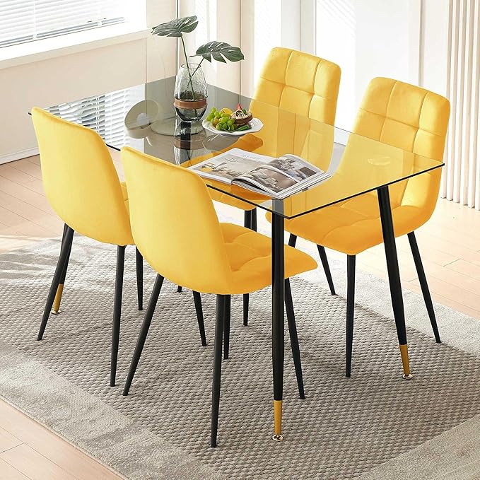 Velvet Dining Chairs Set of 4 - Yellow Dining Room Chairs with Metal Legs Ideal for Kitchen, Dining Room - Kitchen Chairs Set for 4