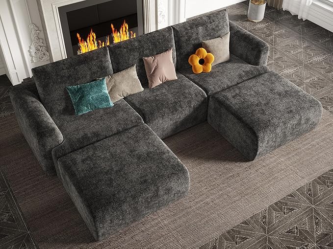 EASE MOOSE Cloud Couch Sectional Sofa, Large U-Shaped Oversized Modular Couch for Living Room, Minimalist Boneless Convertible Couches with Ottoman, 5-Seat Deep Sofa for Bedroom, Chenille (Dark Grey)