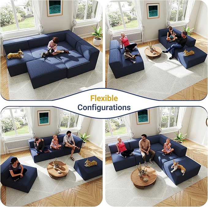 38“ Modular Sectional Sofa Convertible Cube Compressed Couch Seat Set, Combine L-Shaped U-Shaped, Free Assembly, Space-Saving for Living Room, Thick Foam Fabric Chenille Blue (Only Ottoman)