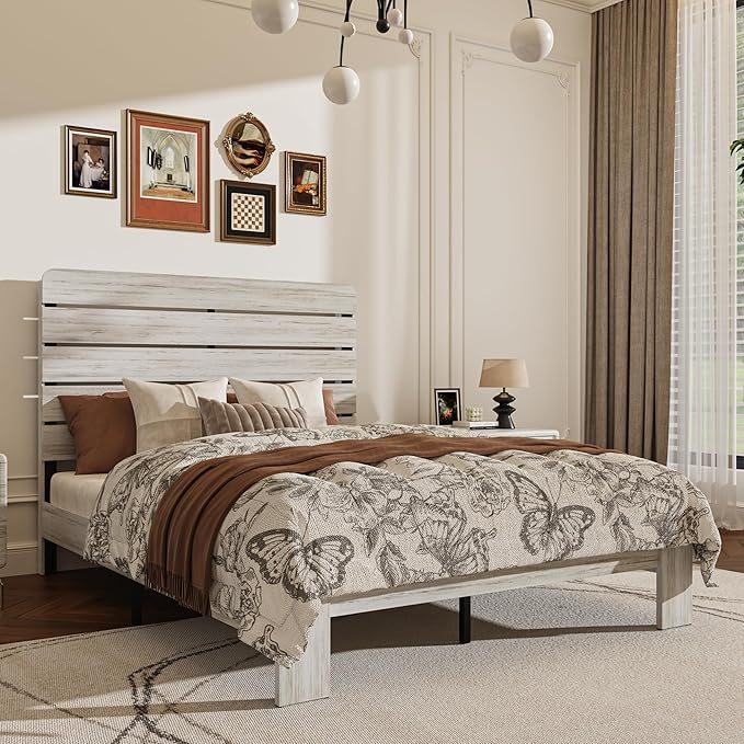 Queen Size Wooden Bed Frame with Headboard, Boho Platform Bedframe with Wood Slat Support, Sturdy and No Noise, Easy Assembly (Boho White, Queen)