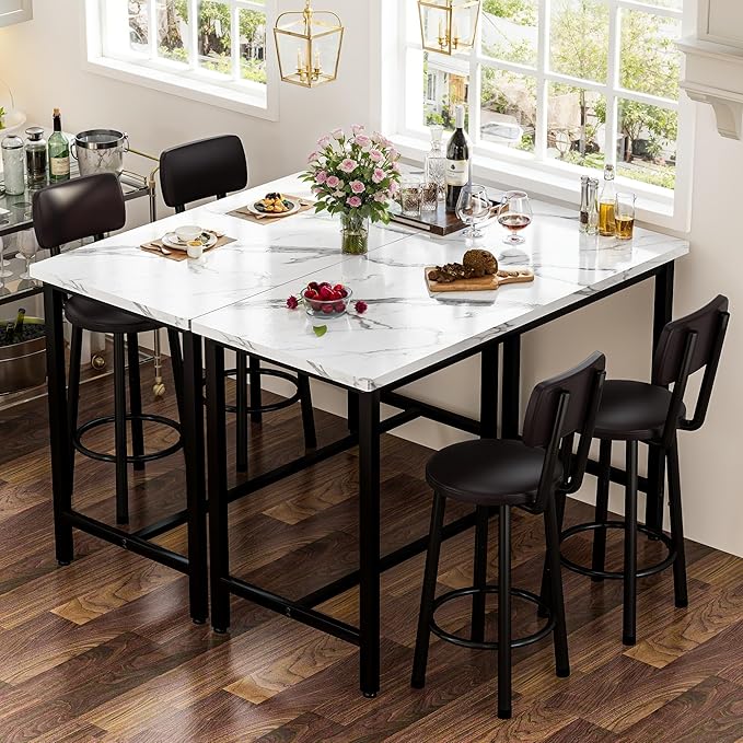 DKLGG 47" Rectangle Dining Table Set for 2 With MDF Tabletop & PU Leather Chairs - Bar Pub Set for Small Space Kitchen, Living Room, Apartment, White