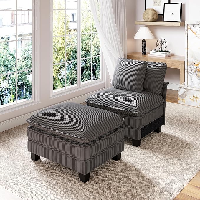 PHI VILLA Indoor Lounge Sofa Chair, One-Person Oversized Sectional Sofa with Ottoman, Single Chaise with Upholstered Deep Seat for Bedroom Reading, Corduroy Fabric, Grey