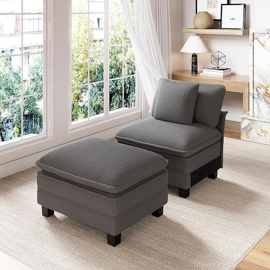 PHI VILLA Indoor Lounge Sofa Chair, One-Person Oversized Sectional Sofa with Ottoman, Single Chaise with Upholstered Deep Seat for Bedroom Reading, Corduroy Fabric, Grey