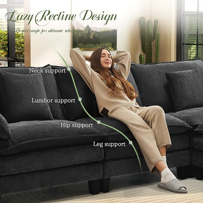 Modular Sectional Sofa, Comfy Cloud Couch with Movable Ottoman, Deep Seat Couches for Living Room, Bedroom and Apartment, 106" L Shaped Modern Sofa with Pillows, Black