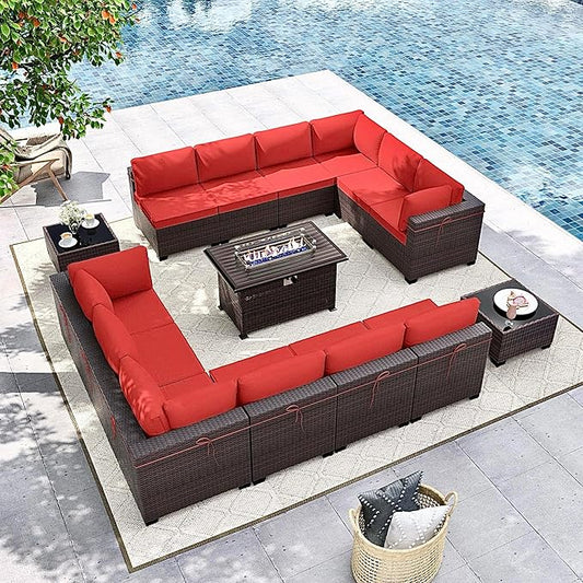 Gotland 15 Pieces Patio Furniture Set with Fire Pit Table, All Weather Rattan Outdoor Furniture with 29.5'' High Backrest 4’’ Thick Cushions Coffee Table, Patio Set for Porch, Deck, Backyard, Red