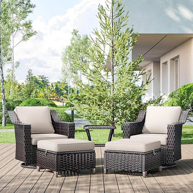 5 Pieces Wicker Patio Furniture, Luxury Outdoor Furniture with 2 Patio Swivel Chair, 2 Patio Ottoman and 1 Side Table, Wide Armrest, Thickened Cushions, Ideal for Deck, Porch Use