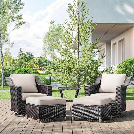 5 Pieces Wicker Patio Furniture, Luxury Outdoor Furniture with 2 Patio Swivel Chair, 2 Patio Ottoman and 1 Side Table, Wide Armrest, Thickened Cushions, Ideal for Deck, Porch Use