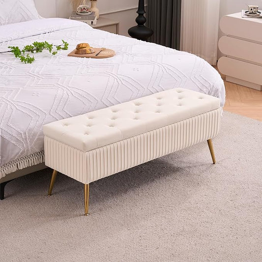 Velvet Storage Bench for Bedroom, Rectangle Upholstered End of Bed Bench Modern Tufted Ottoman with Gold Legs for Living Room/Window/Entryway (Ivory-45.5" W)