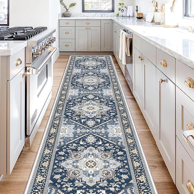 OPPODREAM Thin Entryway Rug 2x10, 2x10 Rug Runner, Washable Hallways Carpet 2 x 10 with Non Slip Backing, Low-Pile Bedside Carpet 2 x 10, Long, Faux Cashmere, Navy Blue & Gold