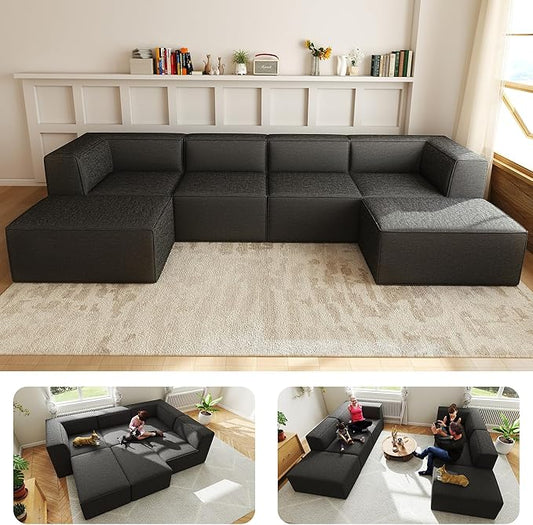 136" 6-Piece Sectional Sofa Modular Couches,L-U-Shaped with Chaise,for Living Room,Compressed Foam No Assembly,for Living Room (2xArmless Corner Ottoman) Fabric Chenille Dark Grey