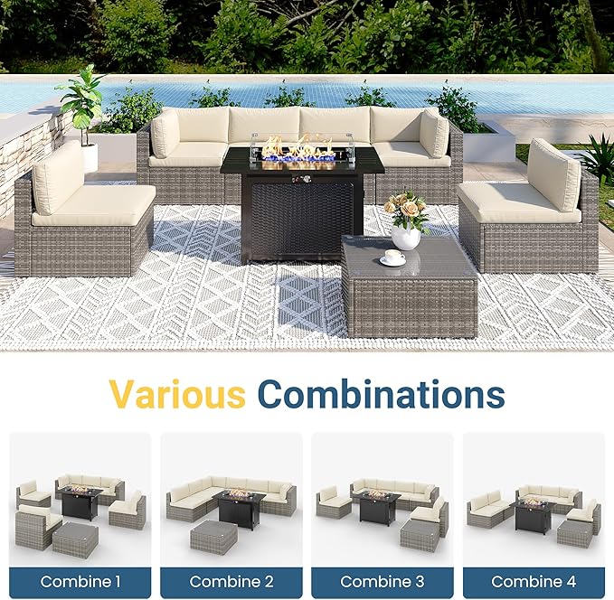 Green4ever 8 Pieces Outdoor Patio Furniture Set with 43" Fire Pit Table, Wicker Outdoor Patio Sectional Sofas Coffee Table, All-Weather Patio Conversation Set with Cushions for Garden Backyard, Beige