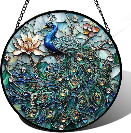 Stained Glass Window Hanging, Blue Peacock Decoration Suncatcher for Door Garden Home Flower Bird Sun Catchers Christmas Mother's Day Birthday Gifts for Women Men Mom Nana Friend 14.9 in