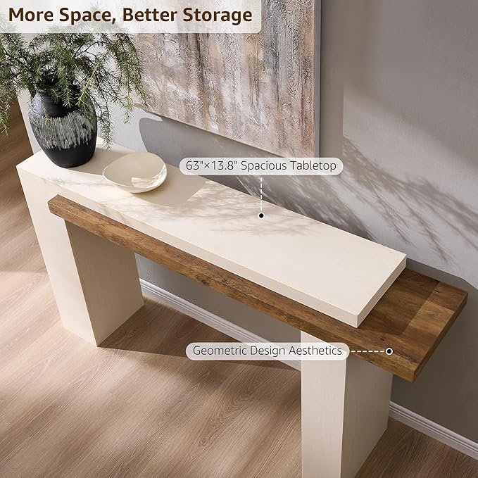 OKD 63 Inch Modern Entryway Console Table, Solid Geometry Accent Sofa Table Behind The Couch, Narrow Console Table for Entryway, Hallway, Living Room, Foyer, Antique White