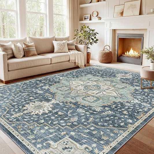 AMADA HOMEFURNISHING 8x10 Washable Area Rug, Low-Profile Large Area Rug with Non-Slip Backing & Durable Edge Binding, Vintage Large Rugs for Living Room, Bedroom, Dinning Room