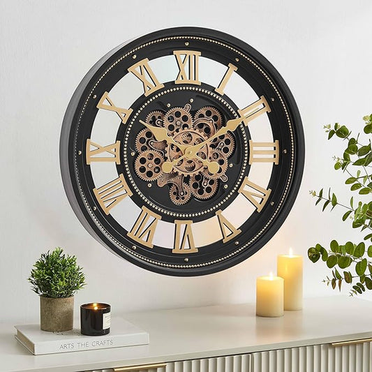 CLXEAST 24 Inch Wall Clock with Moving Gears, Large Roman Numeral Gear Clock for Living Room Decor,Modern Black& Gold Finish,House Warming Gifts New Home